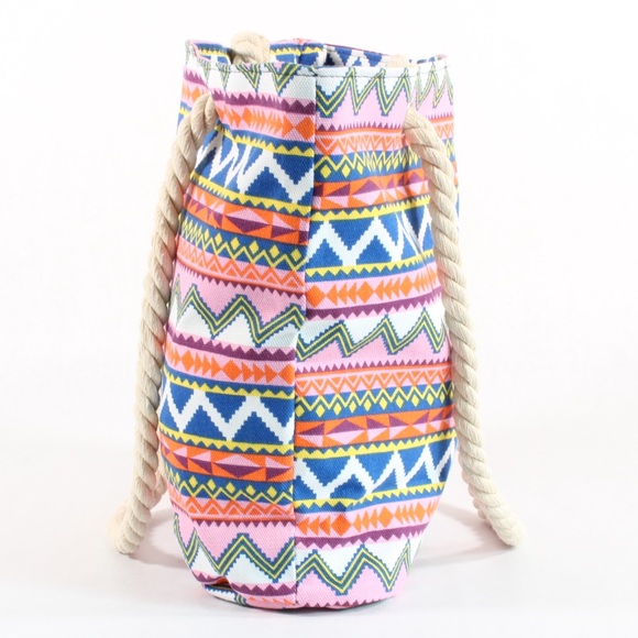 Womens Tote Canvas Printed Rope Handle Bag Pink - Picture 2 of 7